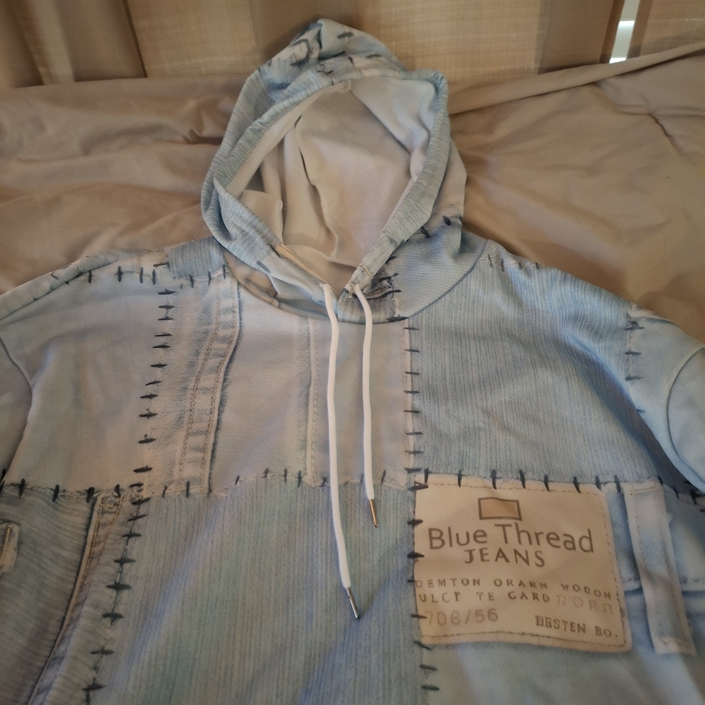 Blue Thread Denim Patchwork Women's Hoodie - Picture 4 of 11